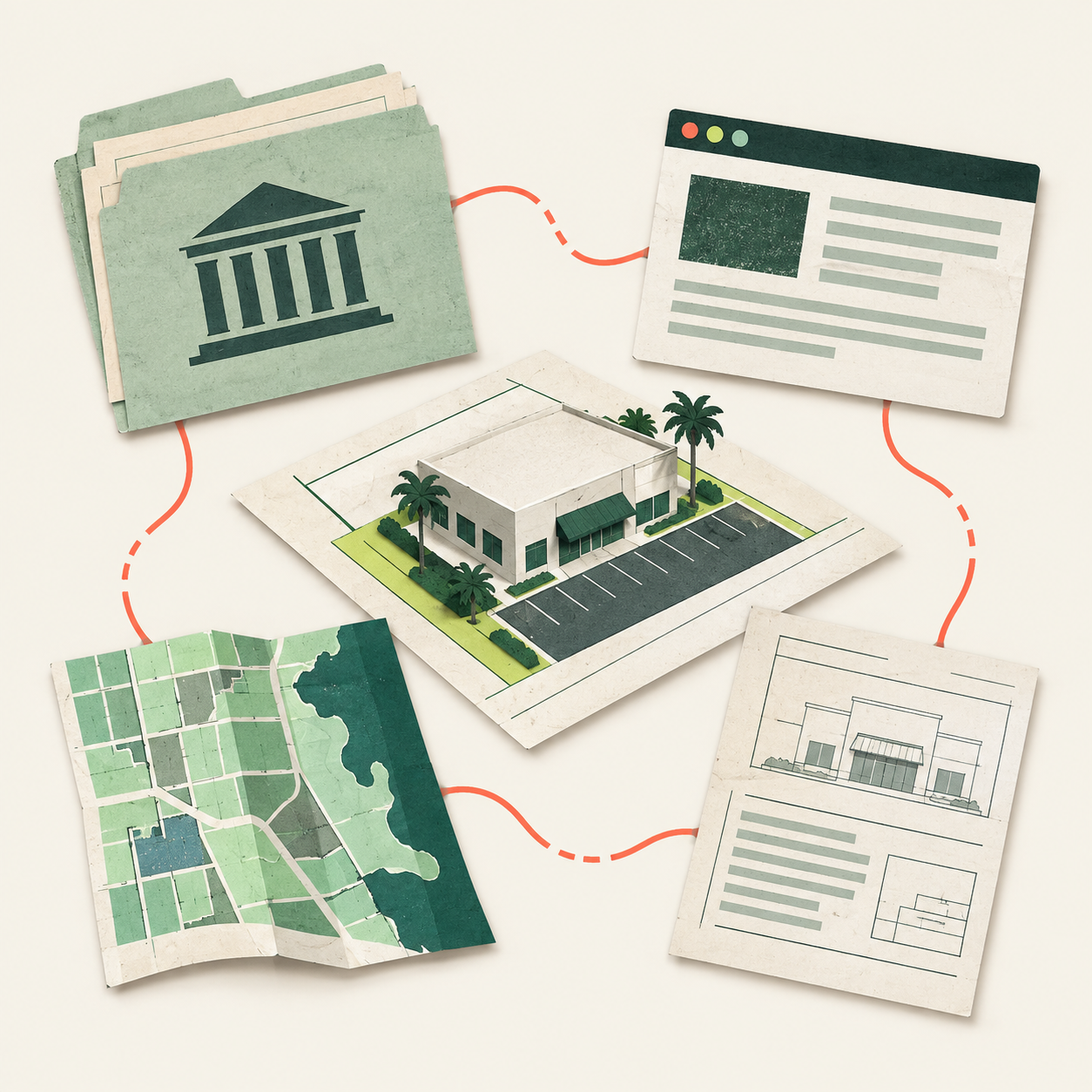 One commercial property surrounded by separate government files, website records, maps and permit documents, linked by an interrupted research trail.